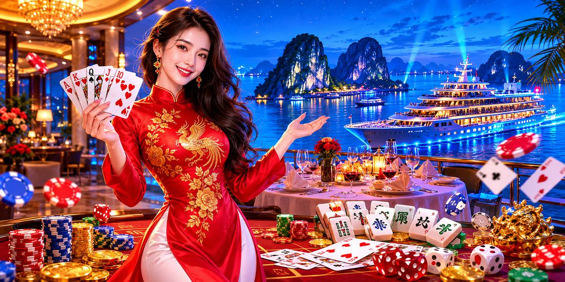 Người chơi tại Vịnh Hạ Long thưởng thức trải nghiệm game bài trực tuyến trong trang phục áo dài truyền thống
