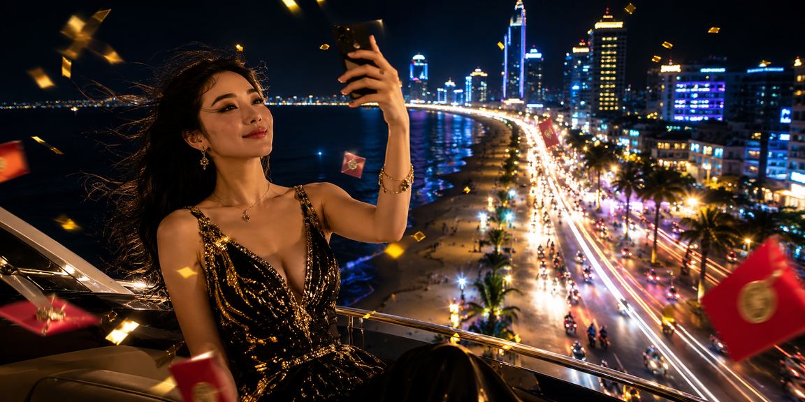 Người chơi tại Quy Nhơn nhận thưởng phong bì đỏ trong không gian neon rực rỡ